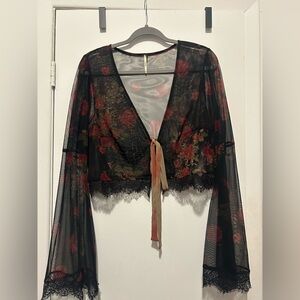 Free People Floral Sheer Black Tie-Front Top